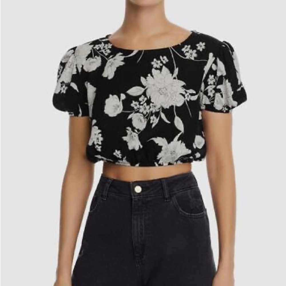 Aqua Floral Black and White Women's Crop Blouse